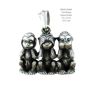 May include: Silver pendant featuring three monkeys, each covering a different part of their face, representing the proverb "See no evil, hear no evil, speak no evil". The pendant measures 1.25 inches by 1 inch.