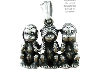 Three Little Monkeys 316 Stainless Steel Figurine Pendant & Custom 45cm 50cm 55cm or 60cm Wheat Link Chain