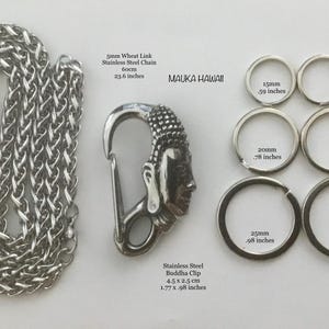 Mosquetón de acero inoxidable con clip de monje budista, kit de anilla dividida y cadena de eslabones de trigo de 5 mm.