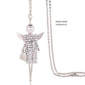 Angel Wings Pearl Girl Silver & Rose Gold Figurine Necklace + 27 inch Stainless Steel Chain