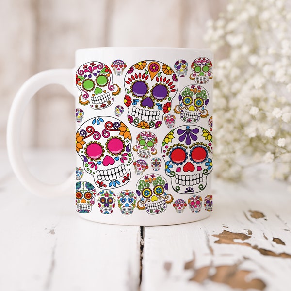 Sugar Skull Coffee Mug | Day of the Dead | Colorful Ceramic Cup | Folk Art | Birthday | Floral Pattern | Dia De Los Metros | Coffee Cup