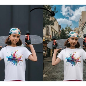 May include: A young person wearing a colorful bandana and a white t-shirt with a colorful paint splatter design is holding a skateboard.