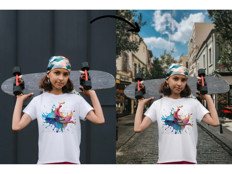 May include: A young person wearing a colorful bandana and a white t-shirt with a colorful paint splatter design is holding a skateboard.