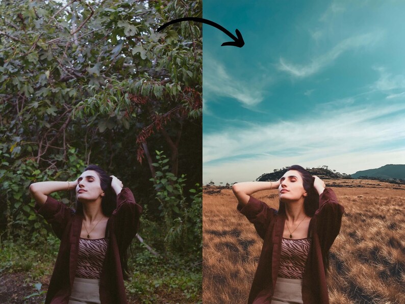 May include: A woman with long dark hair is standing in a field of tall grass. She is wearing a brown jacket over a striped shirt and a skirt. The sky is blue with white clouds.