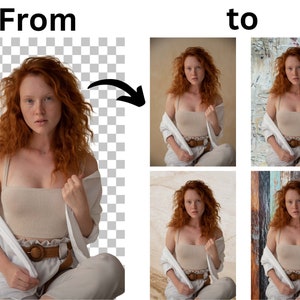 May include: A woman with long, curly red hair is wearing a white shirt and a beige tank top. She is sitting with her legs crossed and is holding the shirt in her hands. The background is a blurred image of a wall.
