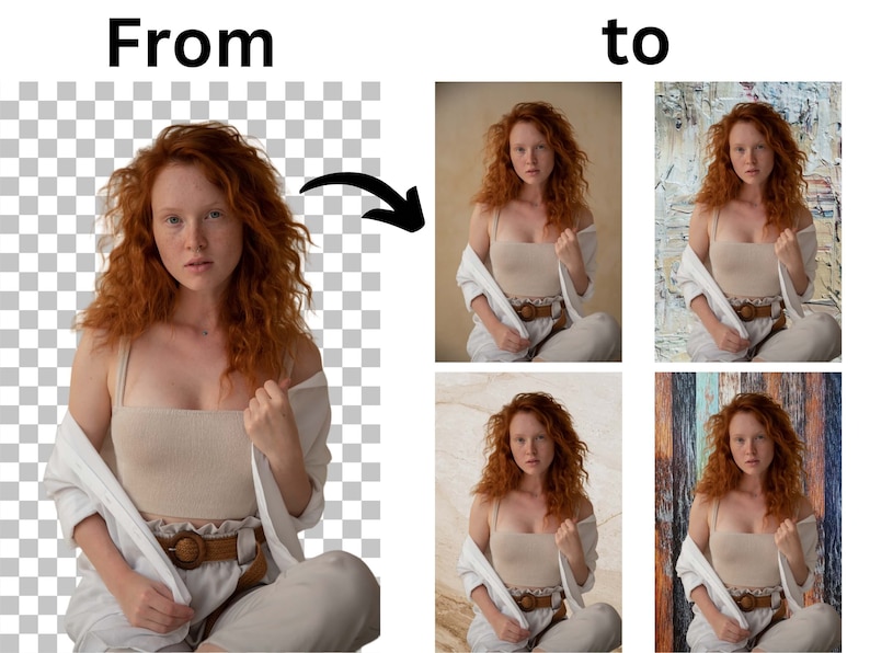 May include: A woman with long, curly red hair is wearing a white shirt and a beige tank top. She is sitting with her legs crossed and is holding the shirt in her hands. The background is a blurred image of a wall.