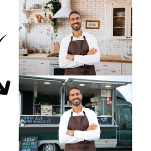 May include: A man wearing a brown apron stands in front of a food truck. The truck has a chalkboard menu with the text "Banana Bread, Chicken and Veggies Pie".