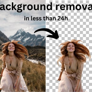 May include: A woman with long red hair smiles as she walks on a wooden path in a mountainous landscape. The image shows a before and after example of background removal, with the woman in the original image on the left and the woman with a transparent background on the right. The text "Background removal in less than 24h" is displayed above the images.