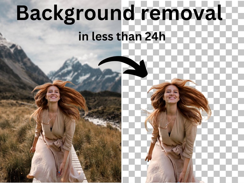 May include: A woman with long red hair smiles as she walks on a wooden path in a mountainous landscape. The image shows a before and after example of background removal, with the woman in the original image on the left and the woman with a transparent background on the right. The text "Background removal in less than 24h" is displayed above the images.