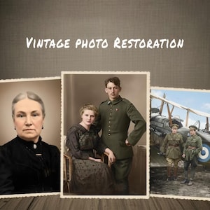 Könnte beinhalten: Das Bild zeigt drei gerahmte Vintage-Fotografien: eine Frau, ein Paar und Soldaten mit einem Flugzeug. Der Text "VINTAGE PHOTO RESTORATION" steht oben. Die Fotos haben weiße Ränder.