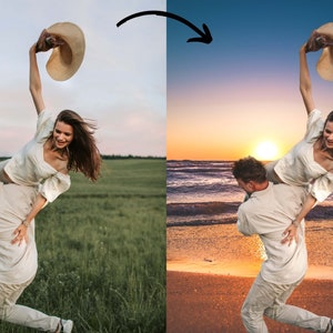 May include: A couple is playfully posing on a grassy field. The woman is wearing a white shirt and a straw hat, and she is being held up by the man. The background is a blue sky with clouds.