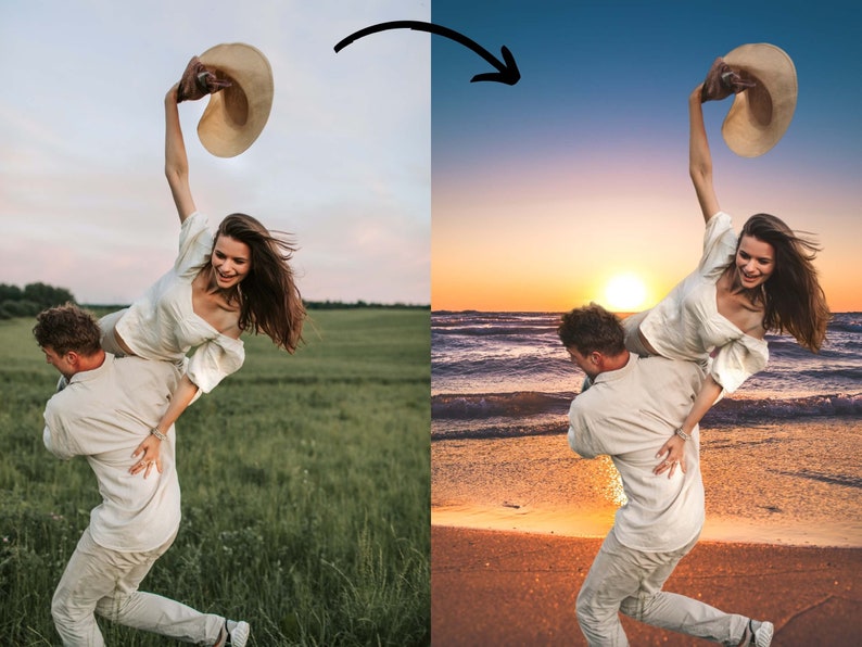 May include: A couple is playfully posing on a grassy field. The woman is wearing a white shirt and a straw hat, and she is being held up by the man. The background is a blue sky with clouds.