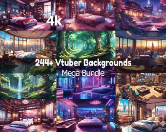 Paquete gigante con más de 244 fondos para VTubers, salas para VTubers, fondos para streaming, fondos virtuales para YouTube, Twitch, Zoom, overlays para VTubers, estilo Lofi y Anime.