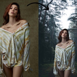 May include: A woman wearing a white and yellow tie-dye shirt with the sleeves rolled up. She is standing in a forest setting.