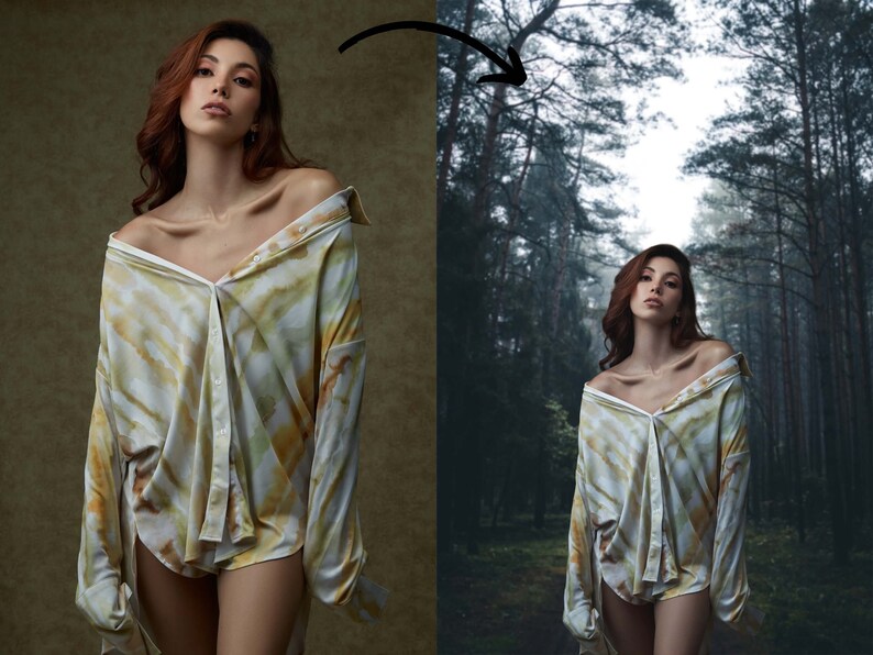 May include: A woman wearing a white and yellow tie-dye shirt with the sleeves rolled up. She is standing in a forest setting.