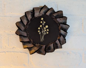 Yellow Flower Embroidery with Turkey Feather Frame