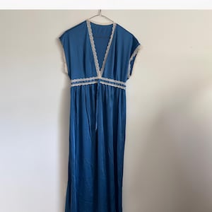 Vintage Blue Nylon Nightgown | 100% Nylon | White Lace Trim | 1970s-80s Soft Romantic Sleepwear | Full-Length Sheer Loungewear Dress