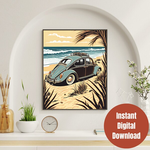 Beach Illustration with Vintage VW Beetle - Coastal Wall Art for Living Room