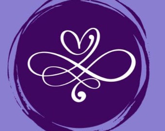 May include: A white stylized heart and infinity symbol design on a purple background.