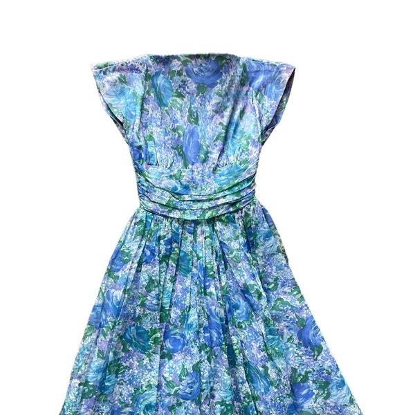 Vintage 1950s Formal Blue Floral Dress SZ XS | Seattle True Vintage Dresses | Barn Owl Vintage Ladies Clothing
