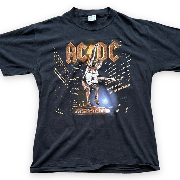 Vintage AC/DC Stiff Upper Lip Tour Tee Size XL |  Barn Owl Vintage | Vintage Rock Tees Seattle