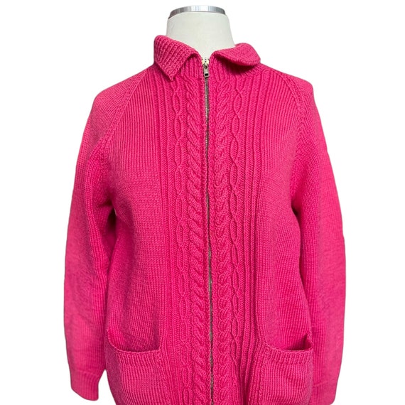 Vintage 1940's Wool Hand Knit Magenta Zip Up Card… - image 1