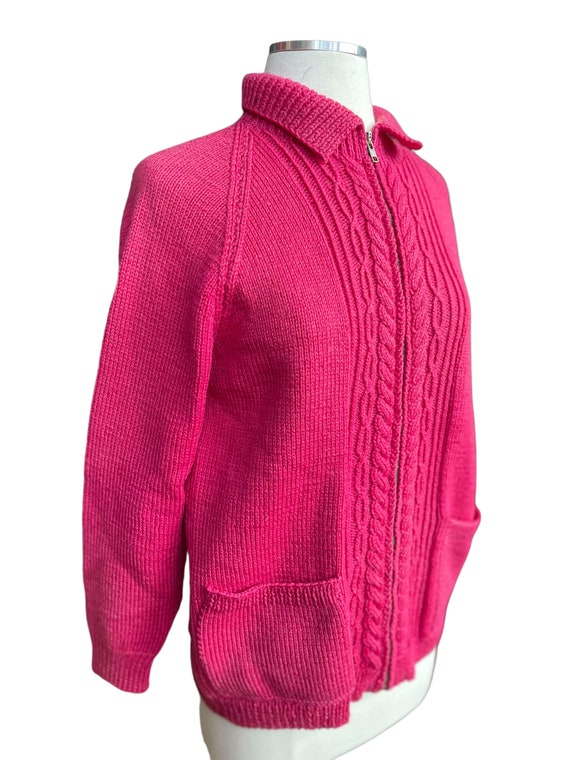 Vintage 1940's Wool Hand Knit Magenta Zip Up Card… - image 3