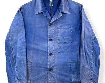 Vintage French Workwear Jacket L Mens 50s Sun Faded Blue Moleskin