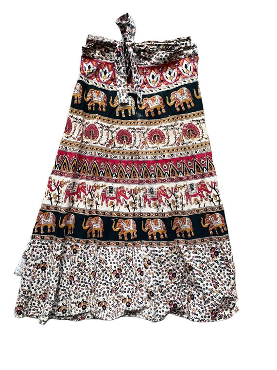 Vintage 1970s Indian Cotton Elephant Wrap Skirt S… - image 1