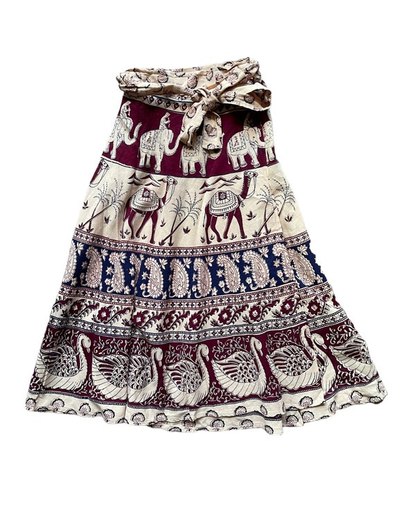 Vintage 1970s Midi Indian Cotton Camel Wrap Skirt 