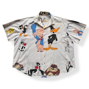 Vintage White Daffy & Porky Button Up SZ XXL