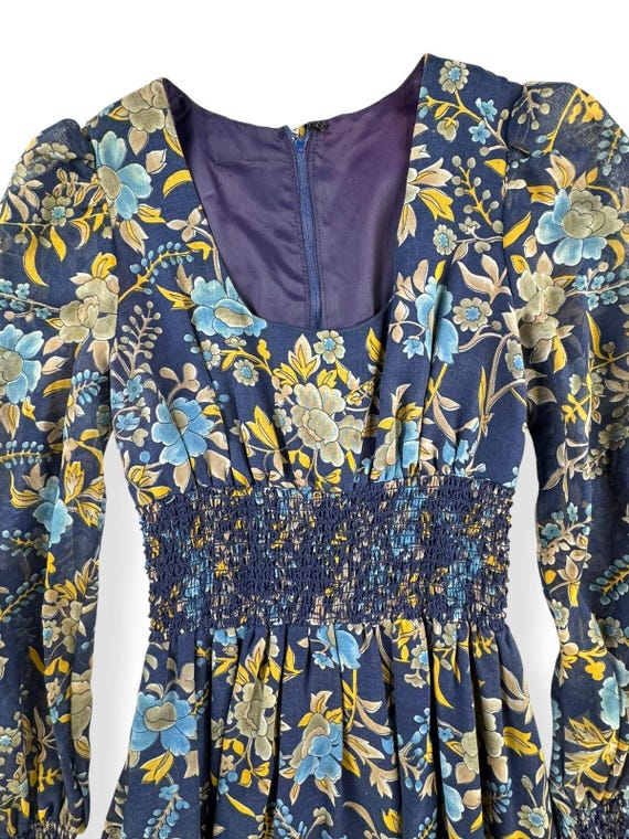1970s Blue Floral Maxi Dress S - Gem
