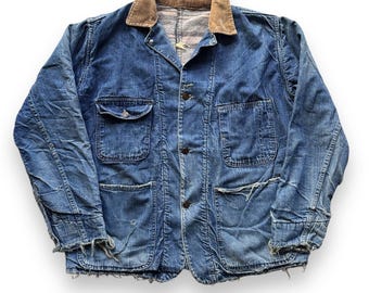 Vintage blå denimjacka med filt och foder, storlek 42