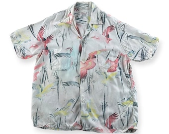 Vintage Penney's Pink Flamingoes Rayon Aloha Shirt SZ M - AS IS