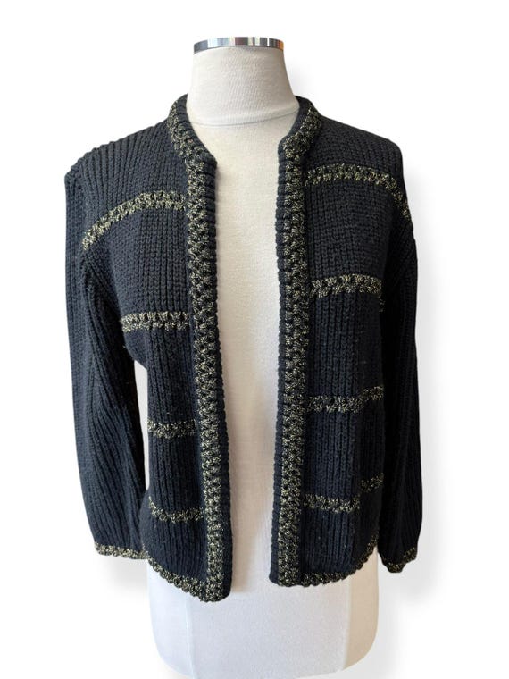1960s Sally Gee Black and Gold Lurex Cardigan L
