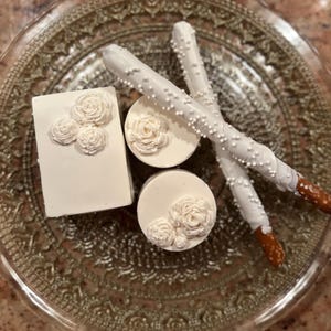 Wedding Favors, Birthday Favors, Baby Shower Favors- 36 piece customized chocolate covered Rice Krispies, Oreos and Pretzels.