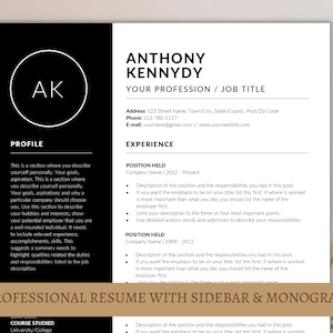 Modern Resume Template for MS Word, Google Docs, InDesign, MAC Pages, Minimalist, Monogram, Professional Resume, Cover Letter and References