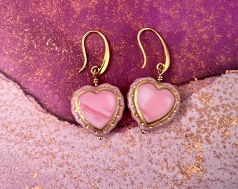 Pink Earrings| Sweet Heart Earrings with Fancy Hook| Pink and Gold| Holiday Earrings