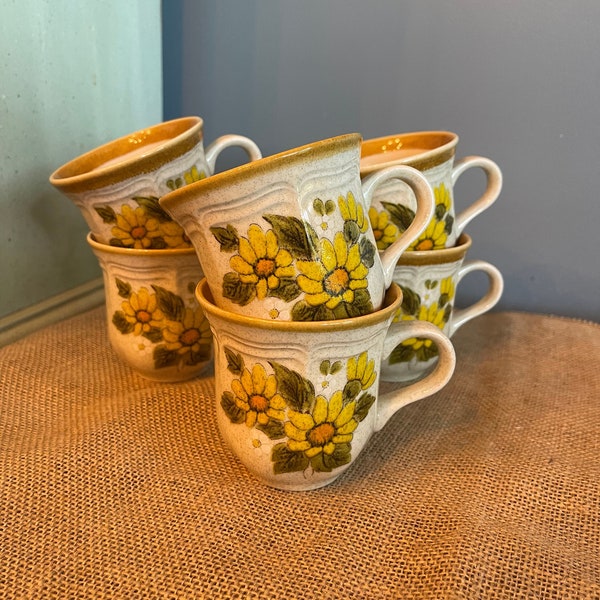 Set of 6 Vintage Mikasa Sunny Side Coffe Cup Mugs Daisy Stoneware