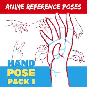 Może przedstawiać: Zestaw póz dłoni do rysowania postaci anime. Pozy są narysowane czerwonymi i niebieskimi liniami na białym tle. Tekst "ANIME REFERENCE POSES" znajduje się w górnej części obrazu. Tekst "HAND POSE PACK 1" znajduje się w dolnej części obrazu.