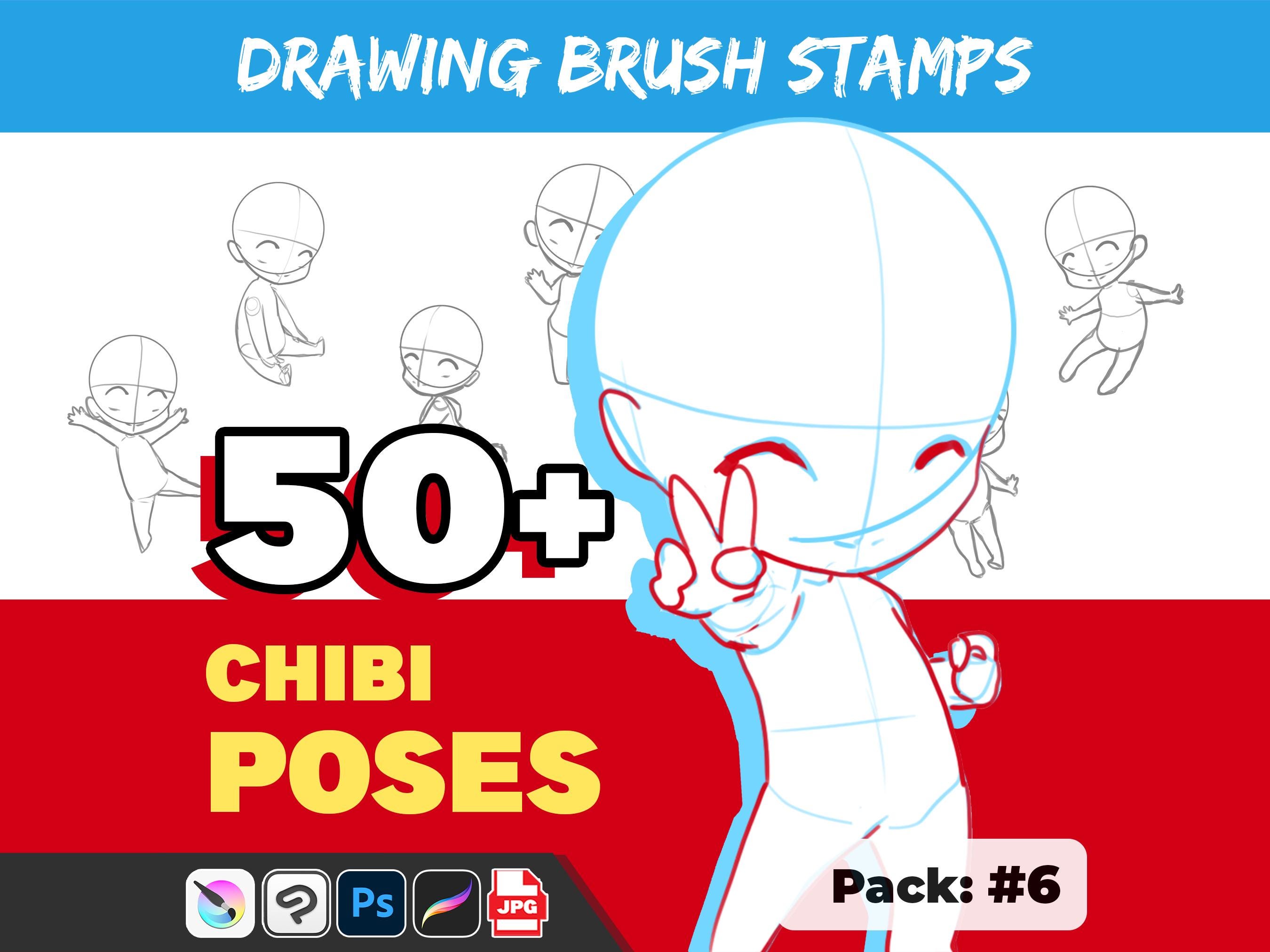 Sellos de poses chibi para Procreate | 51 bases chibi dinámicas para Procreate, Photoshop y Clip Studio