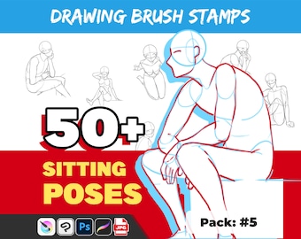 Poses sentadas de Procreate: Sello de pincel de referencia para manga y anime (Descarga digital)