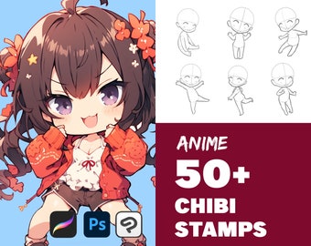 May include: A digital illustration of a cute anime girl with brown hair and red clothing. The image is a digital stamp for use in digital art programs. The text "ANIME 50+ CHIBI STAMPS" is in the background.