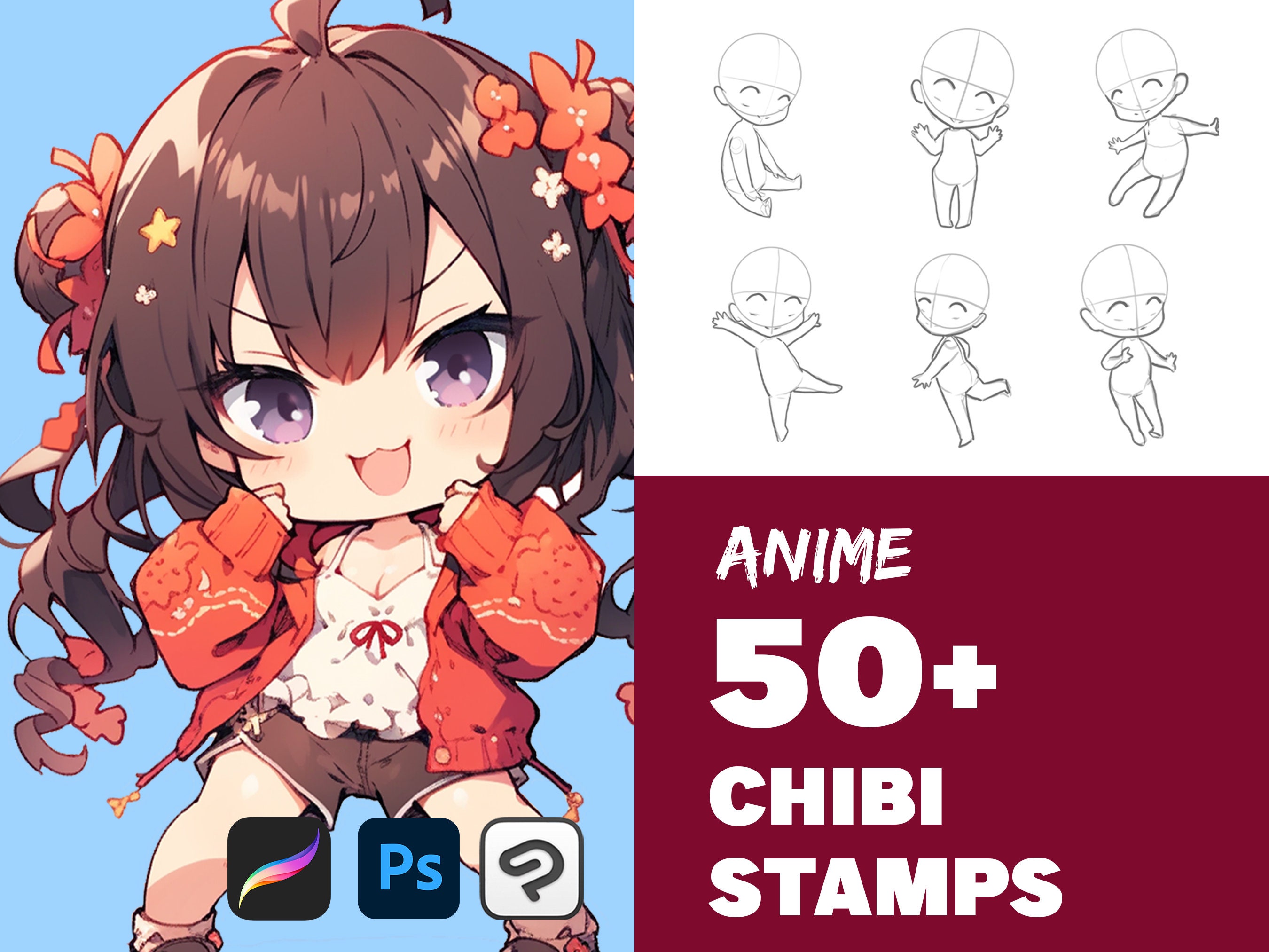 Procreate Chibi Poses Stamps, Couple Poses, Anime Figure Stamps, Manga Poses  With Eyes and Hair, Chibi Base, Guide Brushes, Valentine's Day 