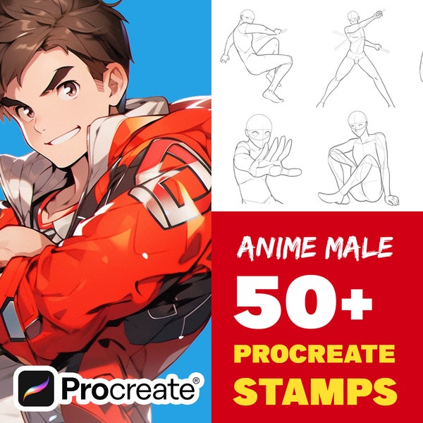 Plus de 85 poses masculines d’anime procréées - Pinceaux de procréation manga - Poses de dessin de personnages - Clip Studio et Photoshop Set