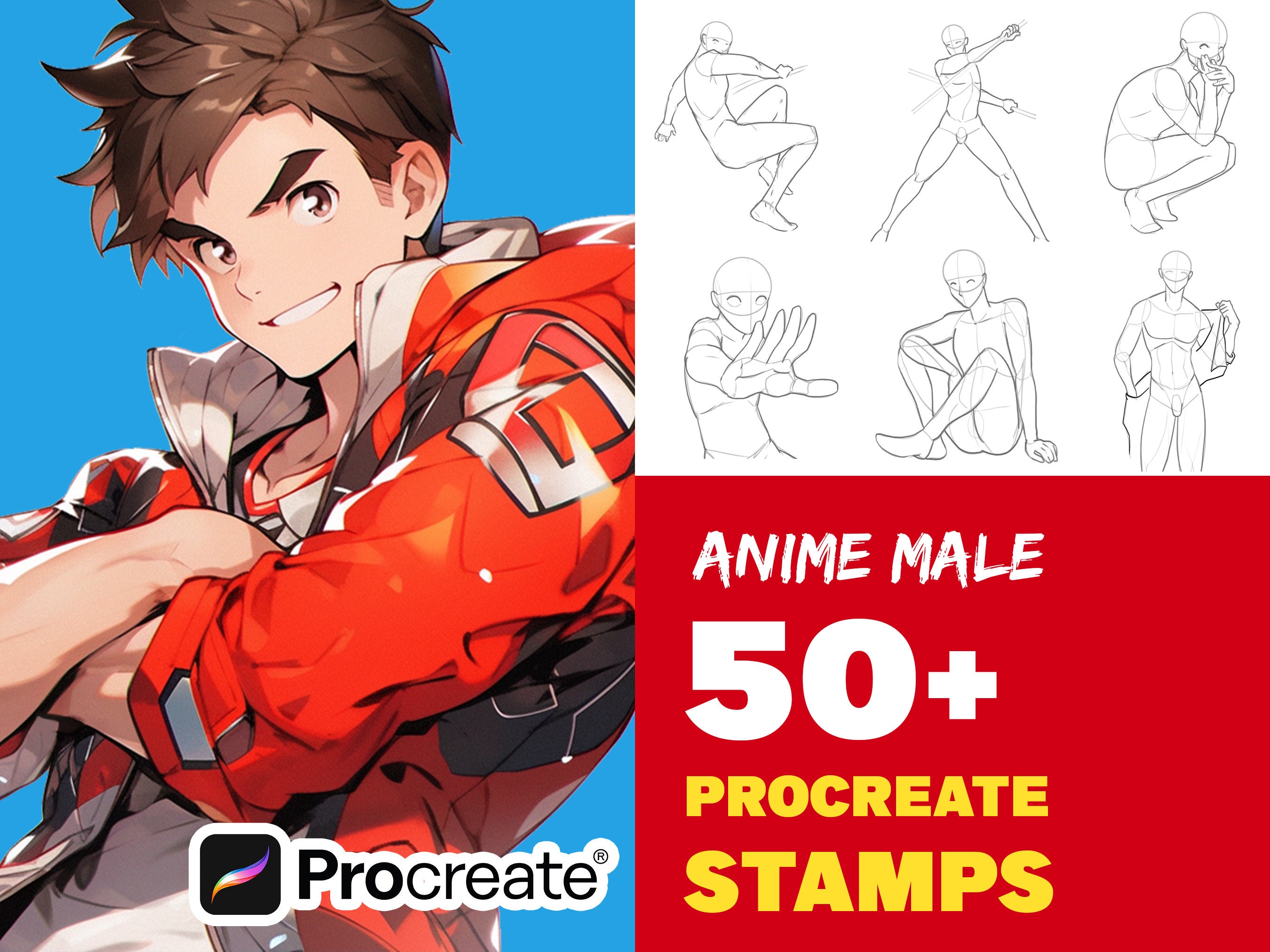 Procreate Anime Poses Stamp Brush 25 Manga Pose Procreate Man Body Guides  Anatomy Body Procreate Manga Character Figure Procreate Men Poses 