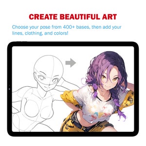 May include: A digital drawing app interface showing a purple-haired anime character with a yellow shirt and a white shirt underneath. The character is drawn over a line art base of a person in a similar pose.