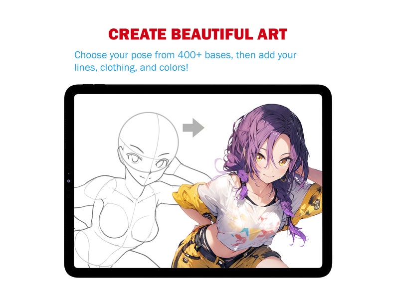 May include: A digital drawing app interface showing a purple-haired anime character with a yellow shirt and a white shirt underneath. The character is drawn over a line art base of a person in a similar pose.