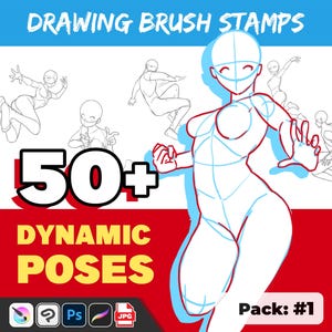 May include: A digital illustration of 50+ dynamic poses for drawing, featuring a variety of characters in different positions. The text "Drawing Brush Stamps" and "50+ Dynamic Poses" is displayed in the image. The image also includes the text "Pack: #1".