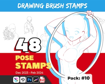 48 poses corporales para Procreate: pinceles de sellos de anime y manga (Photoshop, Clip Studio)